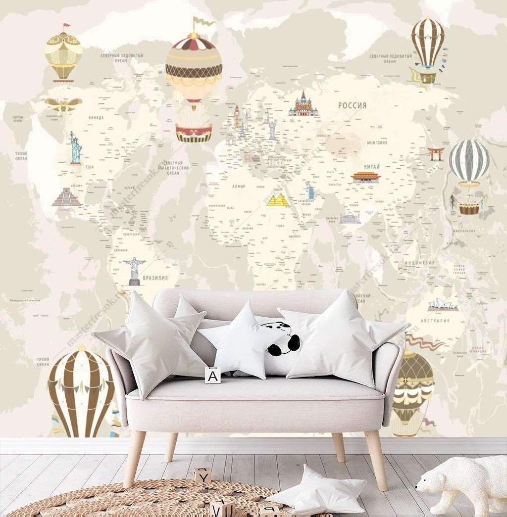 Фотообои в интерьере карта мира с надписями  12-1316 фото