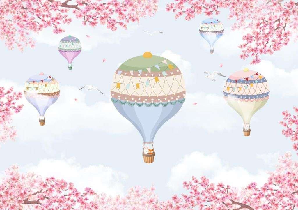 Фотообои в интерьере зайчики на воздушных шариках  14-123 фото