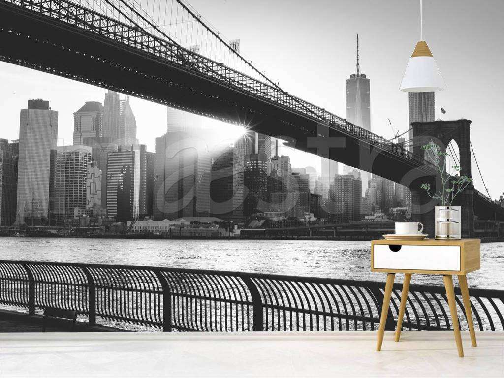 Фотообои в интерьере мост черно белый и лучи солнца в нью йорке  9-822 фото