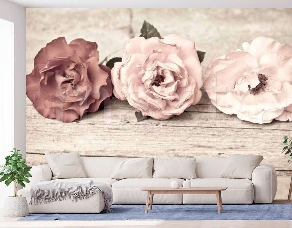 Фотообои три нежных розы на фоне дерева  10-251