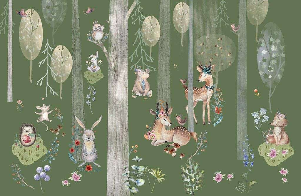 Фотообои в интерьере зеленый лес с животными  12-1296 фото