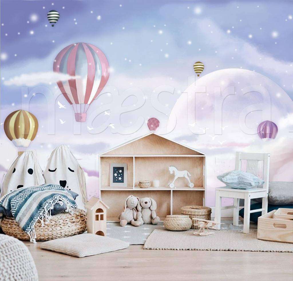 Фотообои в интерьере воздушные шары в розовом небе  12-430 фото