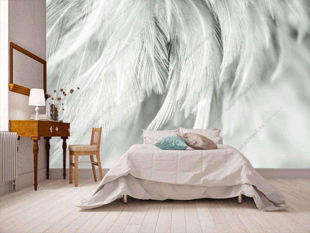 Фотообои в интерьере фон из белых перьев  9-1223 фото