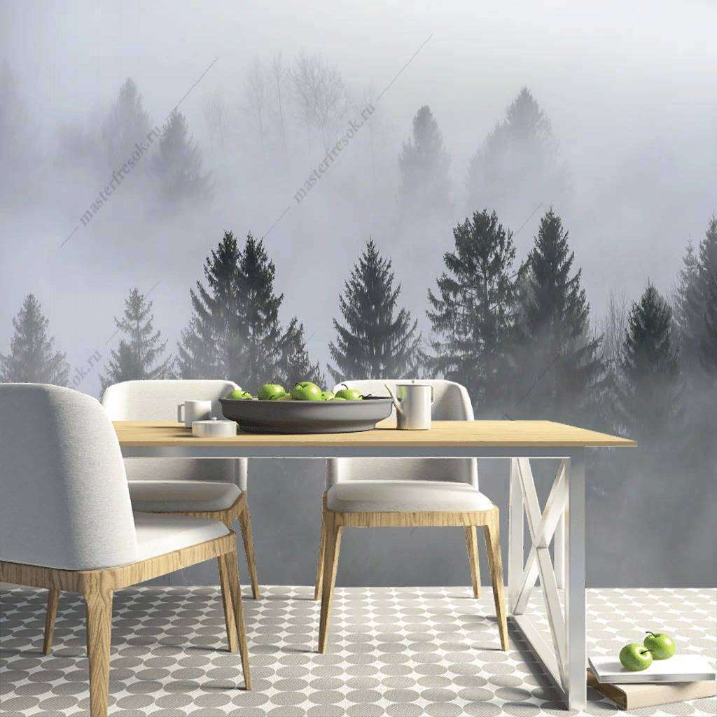 Фотообои в интерьере туманное утро в лесу  9-1165 фото