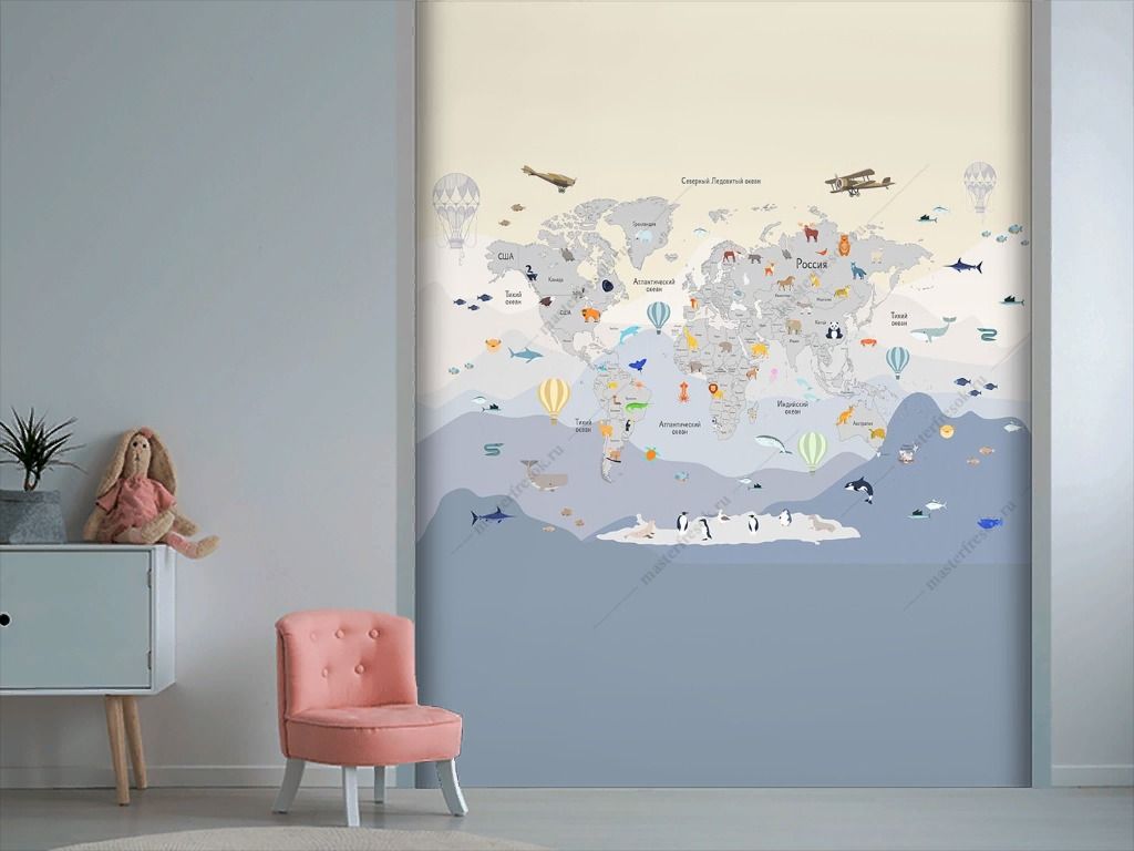 Фотообои В детскую вертикальная карта с животными   14-717