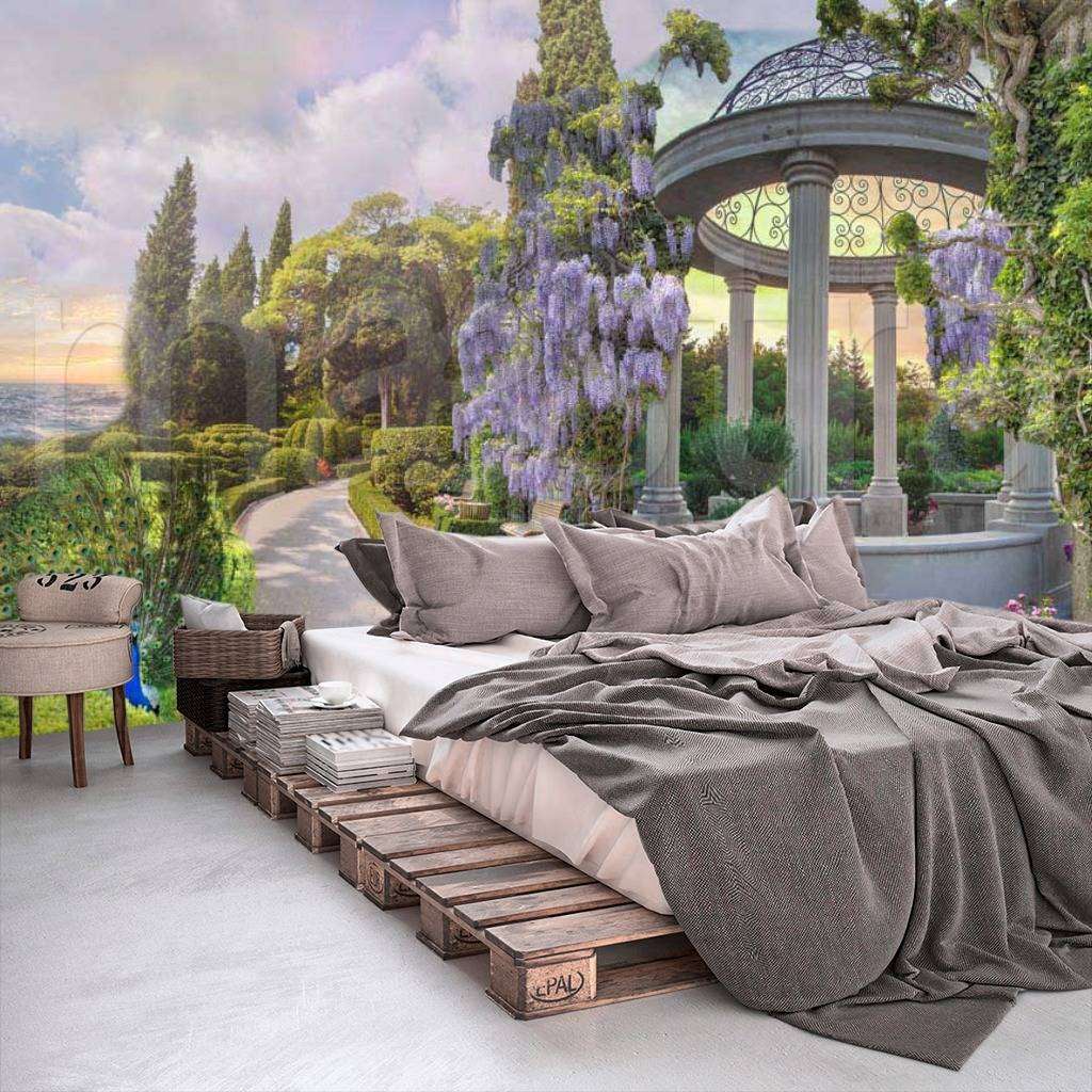 Фотообои в интерьере беседка в парке с павлином  6-023 фото