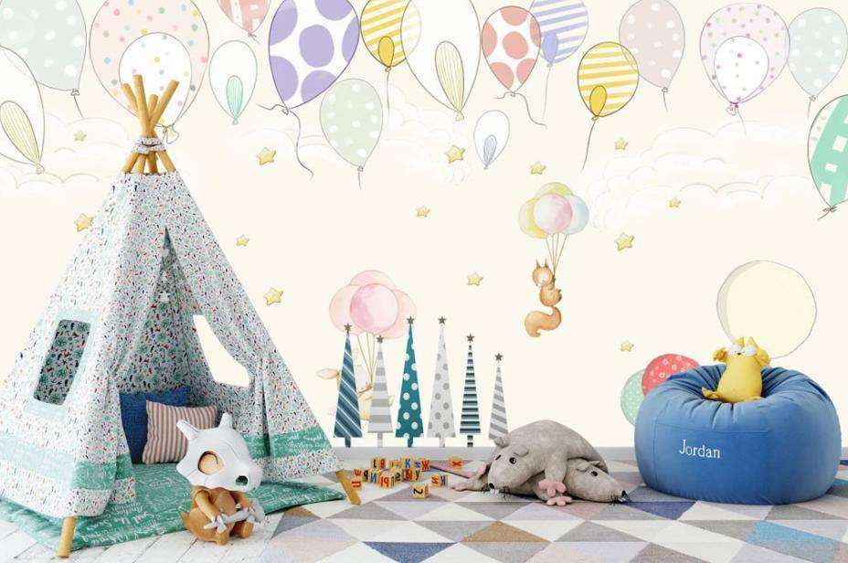 Фотообои в интерьере воздушные шарики и милые животные  15-297 фото