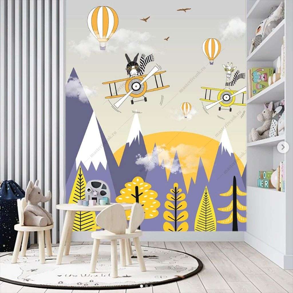 Фотообои в интерьере в детскую горы и самолеты   12-1585 фото