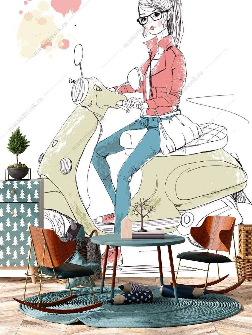 Фотообои в интерьере девушка на скутере  12-1245 фото