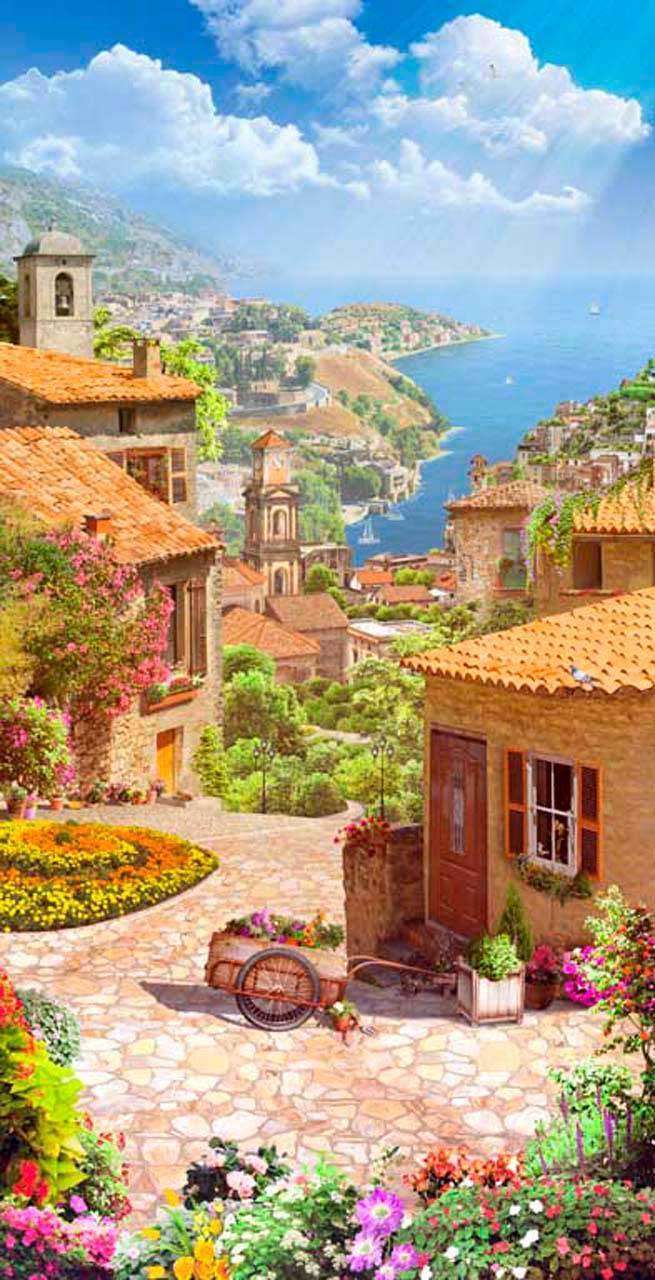 Фотообои в интерьере улочка уходящая вниз к синему морю  11-148 фото