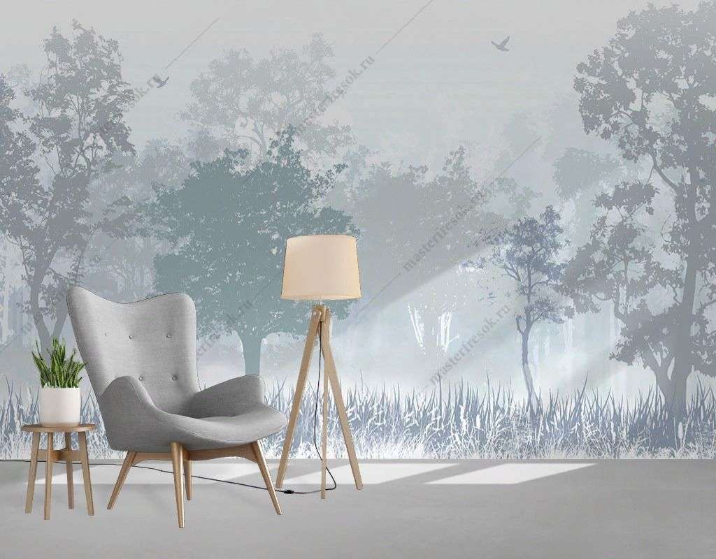 Фотообои в интерьере нежный лес в тумане серо-голубой  9-1836 фото
