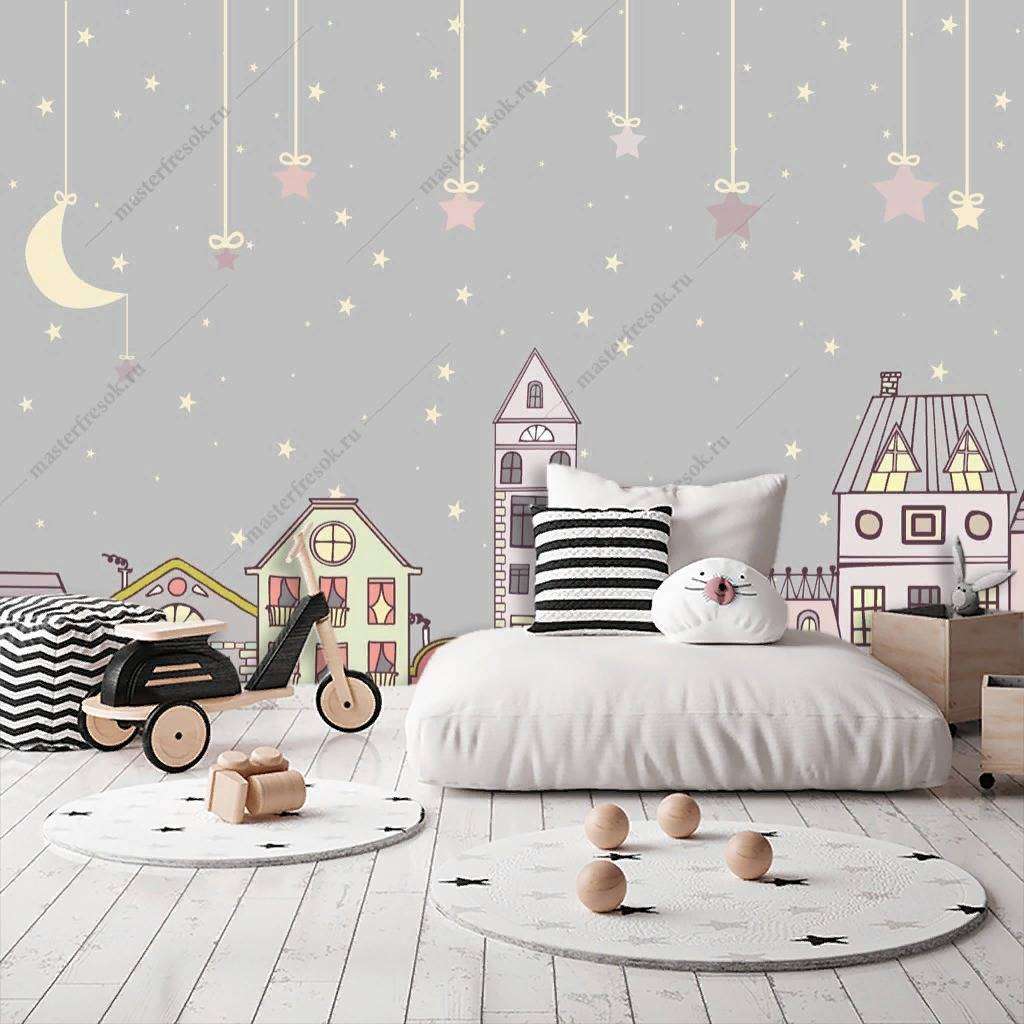 Фотообои в интерьере звездное небо над городком  14-156 фото