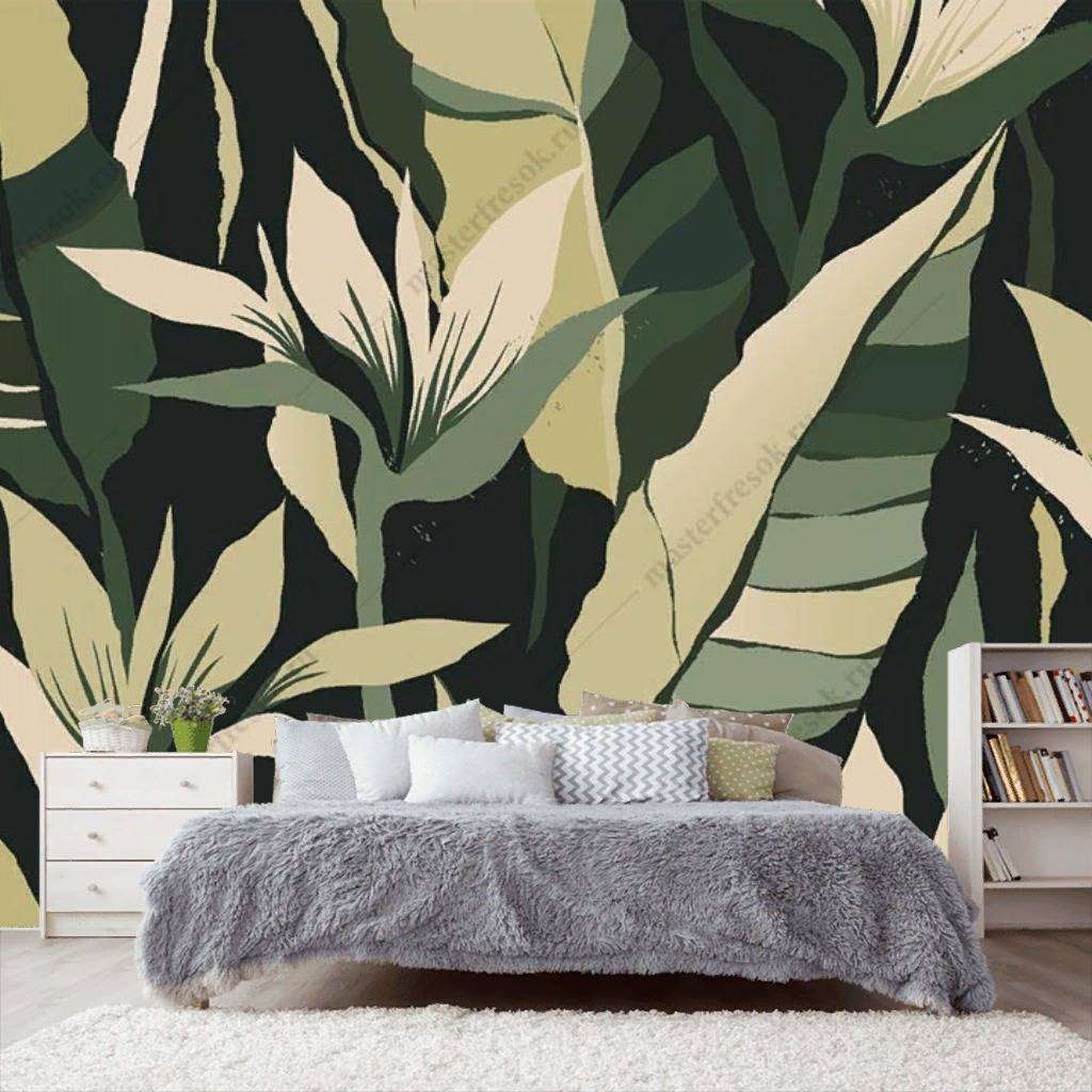 Фотообои в интерьере пальмовые листья на черном фоне  9-1117 фото
