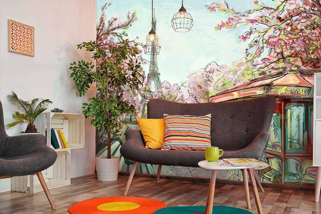 Фотообои в интерьере улочка в париже с видом на эйфелеву башню карандашами  9-774 фото