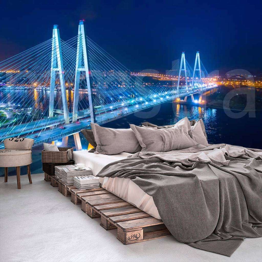 Фотообои в интерьере вантовый мост в санкт петербурге  9-694 фото