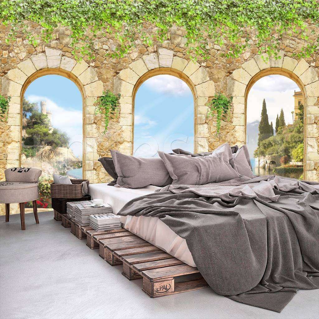 Фотообои в интерьере вид на залив через окна  2-006 фото