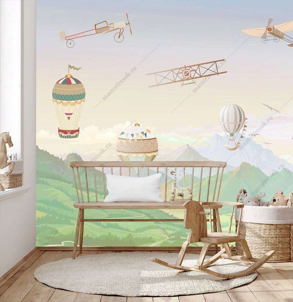 Фотообои в интерьере в детскую горы и воздушные шары   12-1584 фото
