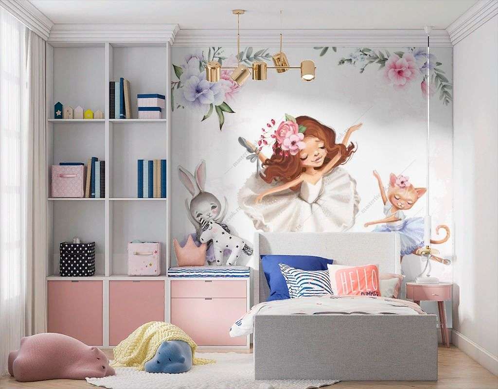 Фотообои в интерьере балерина и лисичка с зайчиком  14-649 фото