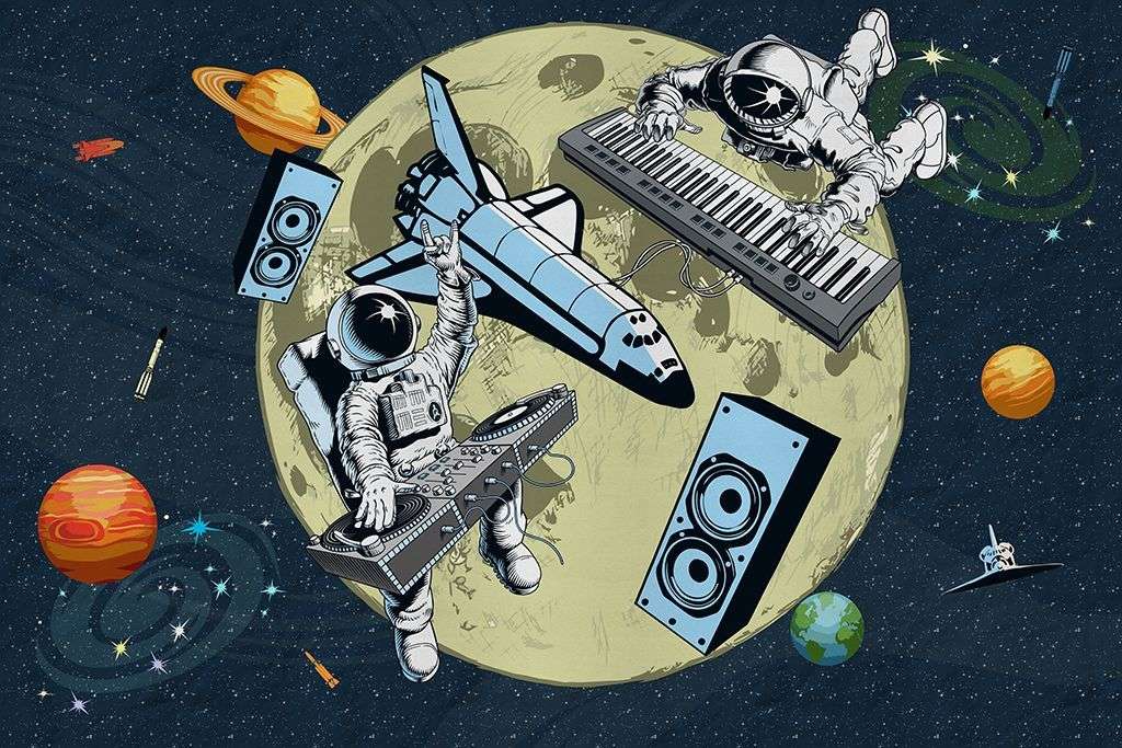 Фотообои в интерьере в детскую: космонавты-диджеи   14-731 фото