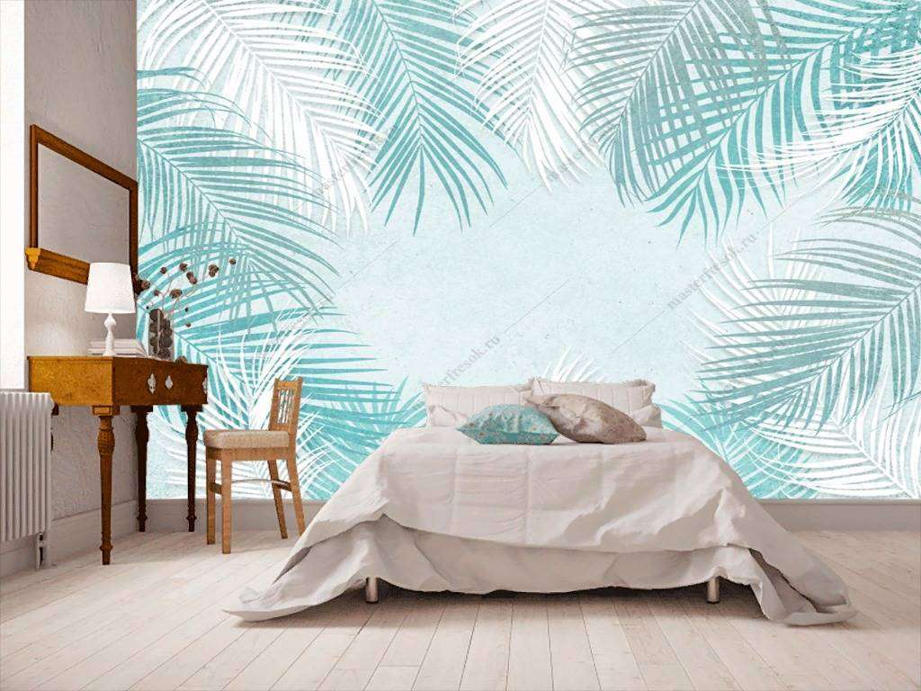 Фотообои в интерьере бело-голубые листья  10-735 фото