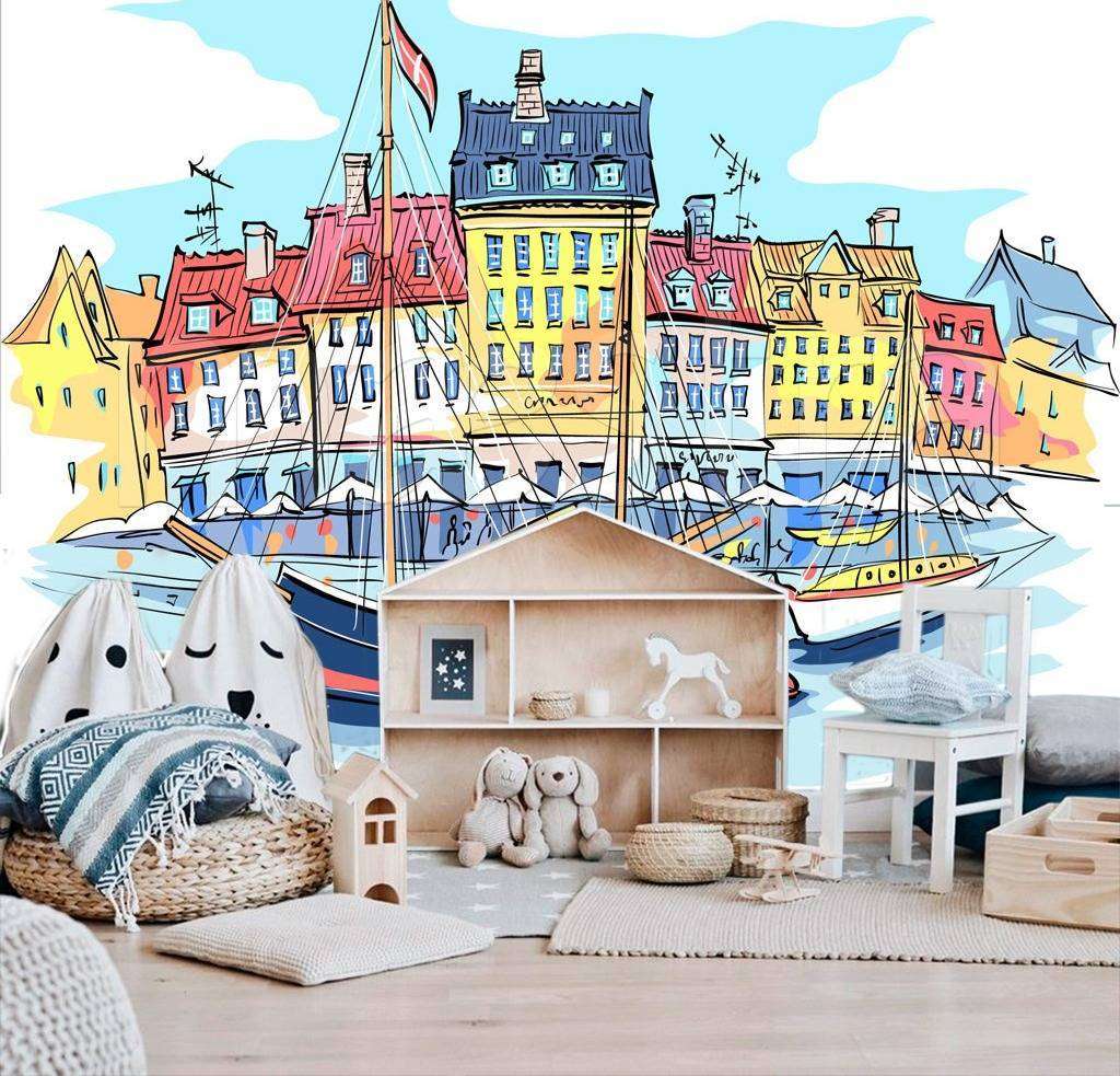 Фотообои в интерьере набережная с домиками графика  12-499 фото