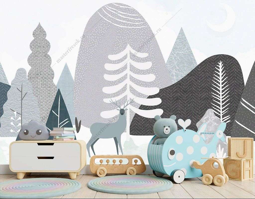 Фотообои в интерьере черно-белый сканди лес  14-515 фото