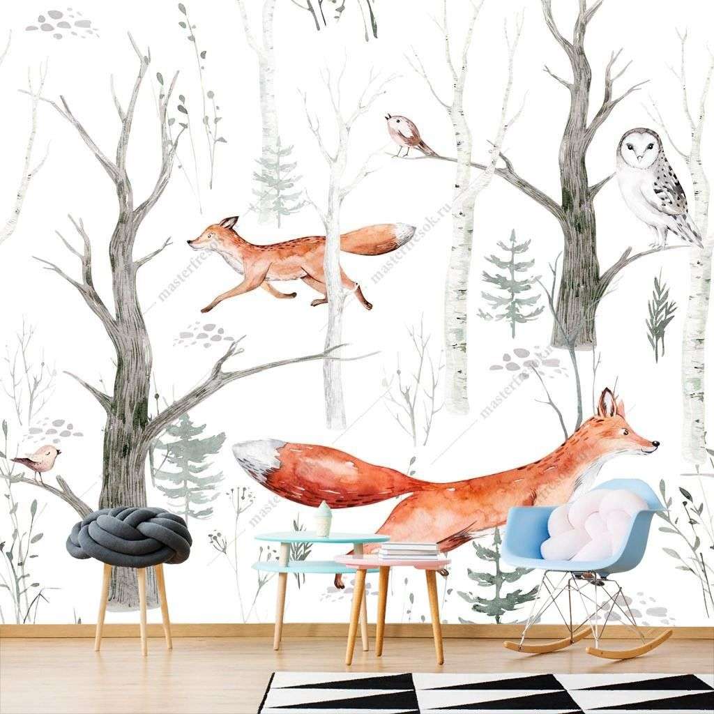 Фотообои в интерьере лисенок в лесу  12-1144 фото