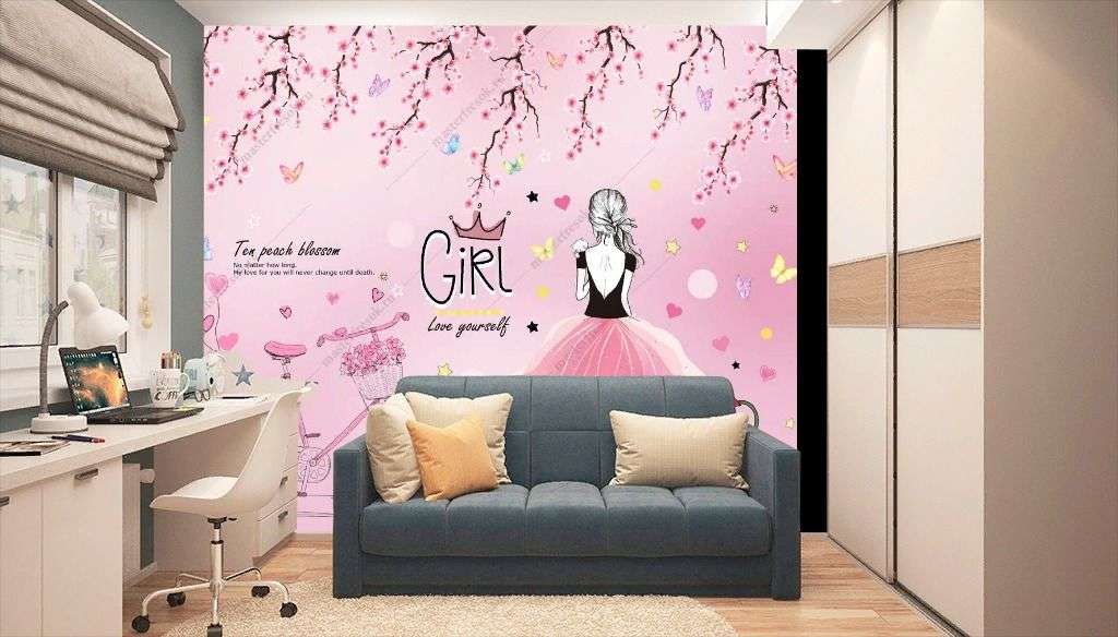 Фотообои в интерьере девочка с велосипедом на розовом фоне  14-273 фото