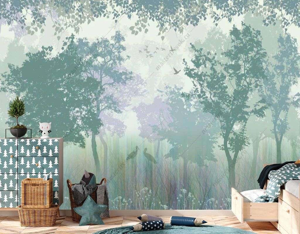 Фотообои в интерьере силуэты туманного леса  14-131 фото