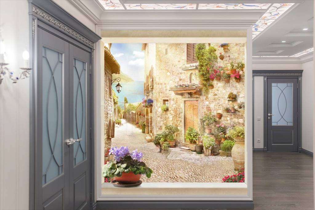 Фотообои Окно с видом на улочку и цветок  11-185