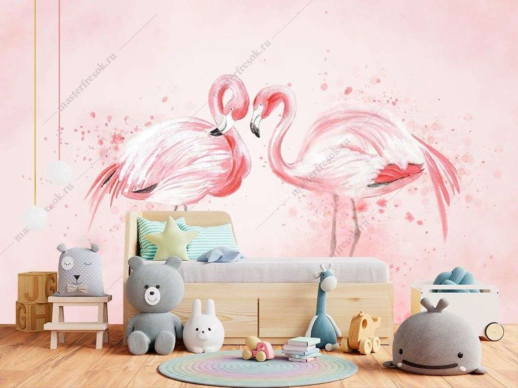 Фотообои в интерьере акварельный фламинго  14-324 фото