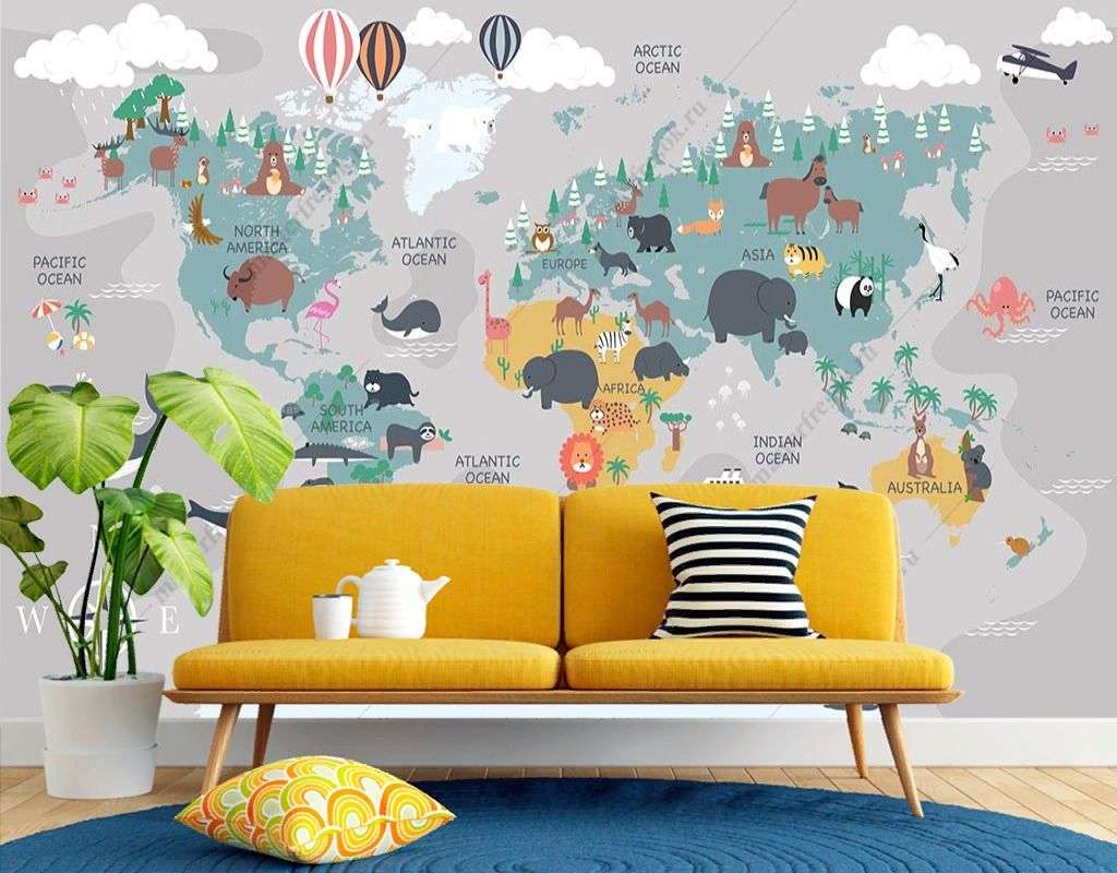 Фотообои в интерьере карта с морскими животными  14-558 фото