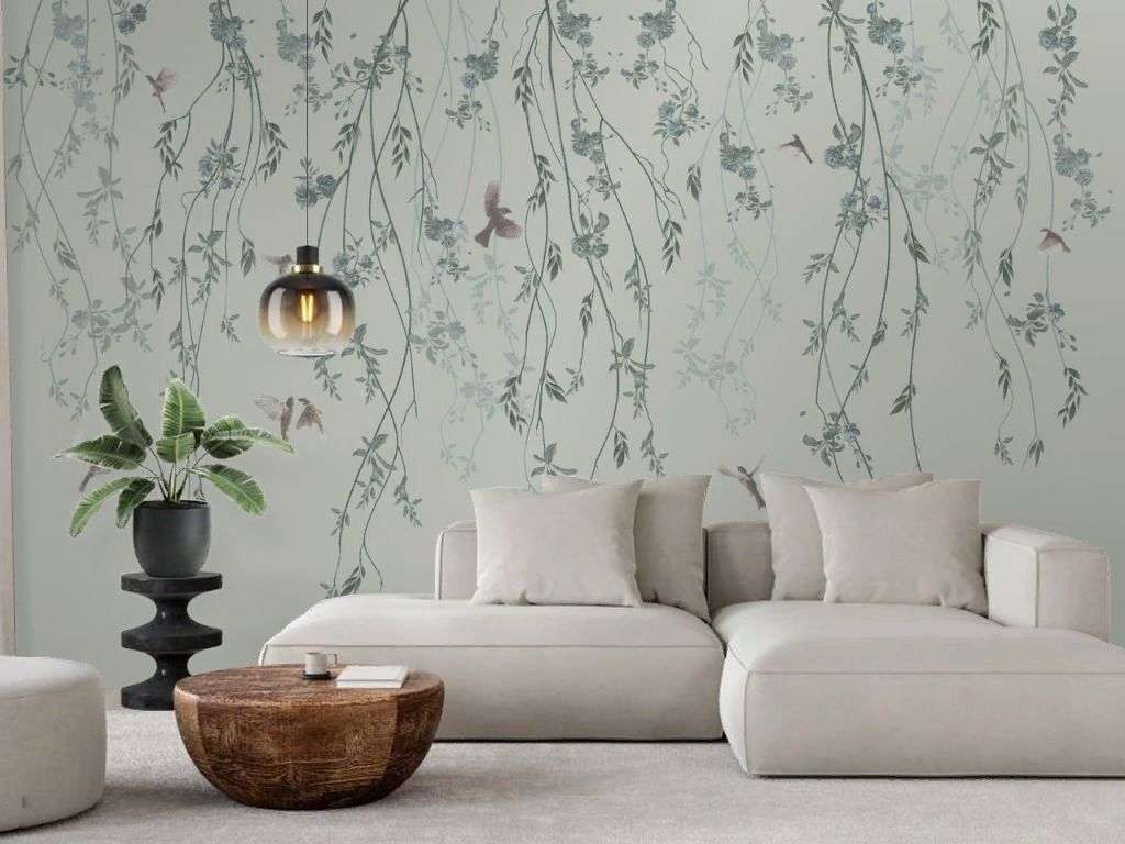 Фотообои в интерьере ветви сверху и птички  13-711 фото