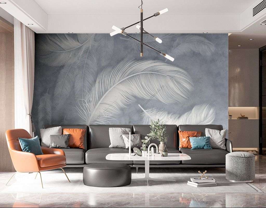 Фотообои в интерьере перышки на сером фоне  14-367 фото