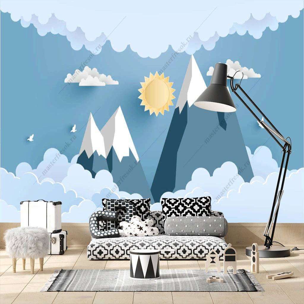 Фотообои в интерьере 3д горы и солнце  12-862 фото