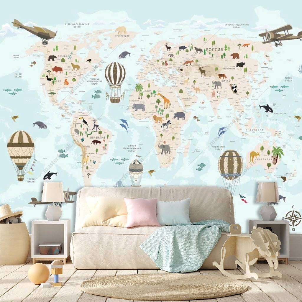 Фотообои в интерьере карта мира в нежно голубом цвете  12-1188 фото