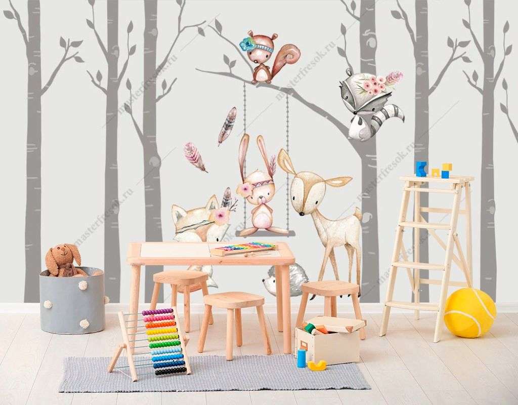 Фотообои в интерьере милые животные на качелях  14-517 фото