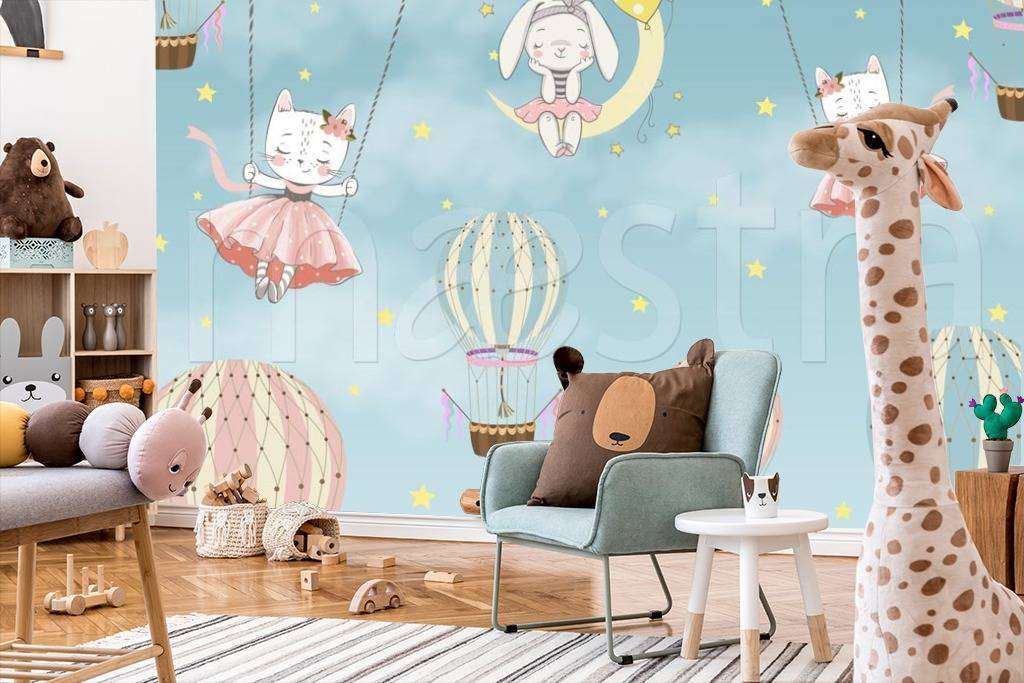 Фотообои в интерьере зайцы и кошки парят в облаках  12-406 фото
