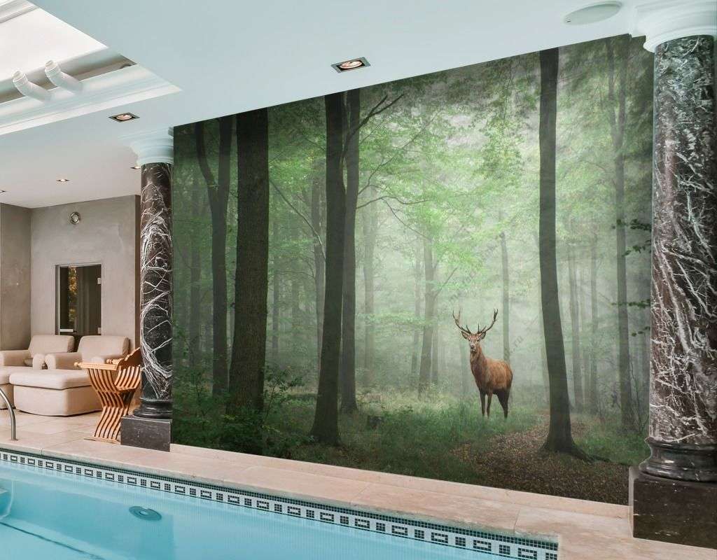 Фотообои в интерьере зеленый лес с оленем  9-1530 фото