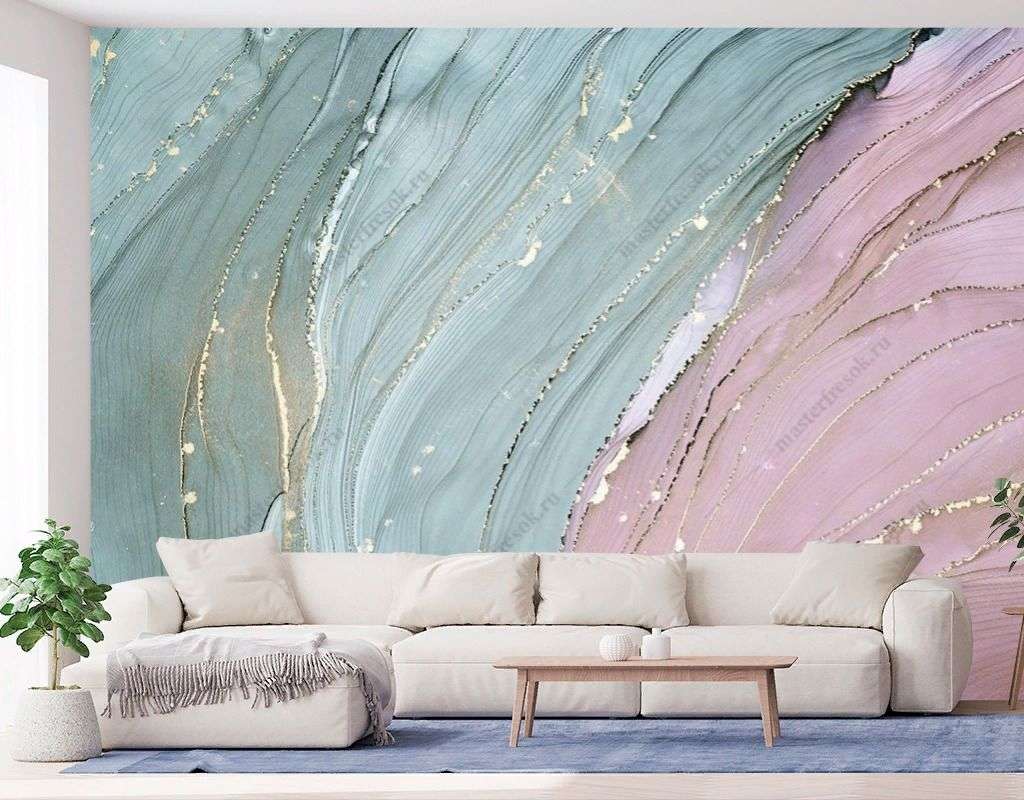 Фотообои в интерьере в спальню мраморный фон с золотом  9-1842 фото