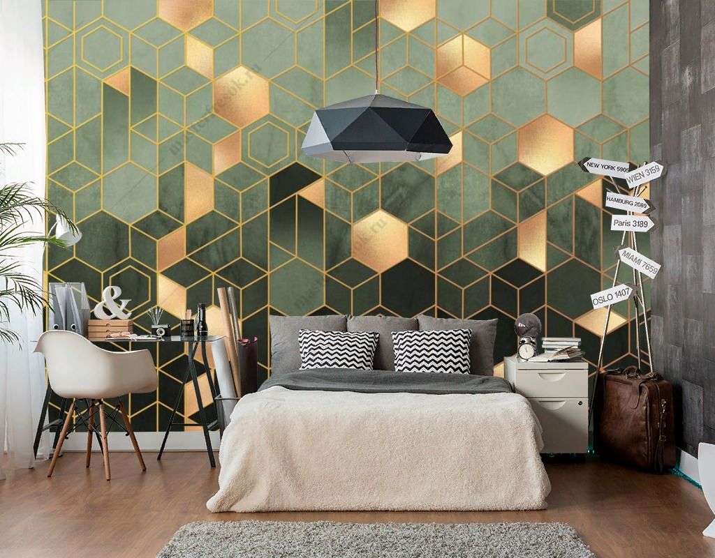 Фотообои в интерьере геометрия шестиугольники золотые  9-1511 фото