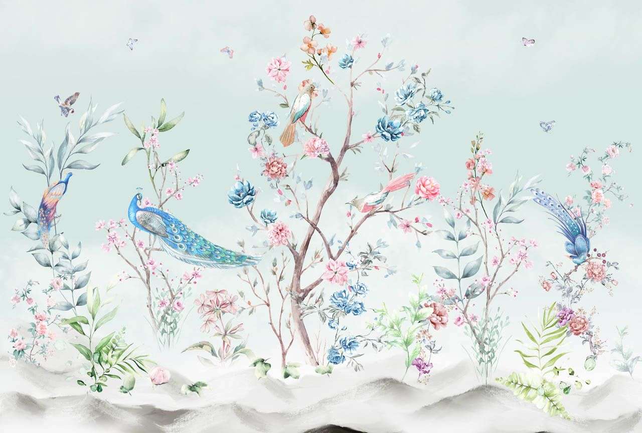 Фотообои в интерьере в детскую сказочный лес с тропическими птицами   13-670 фото