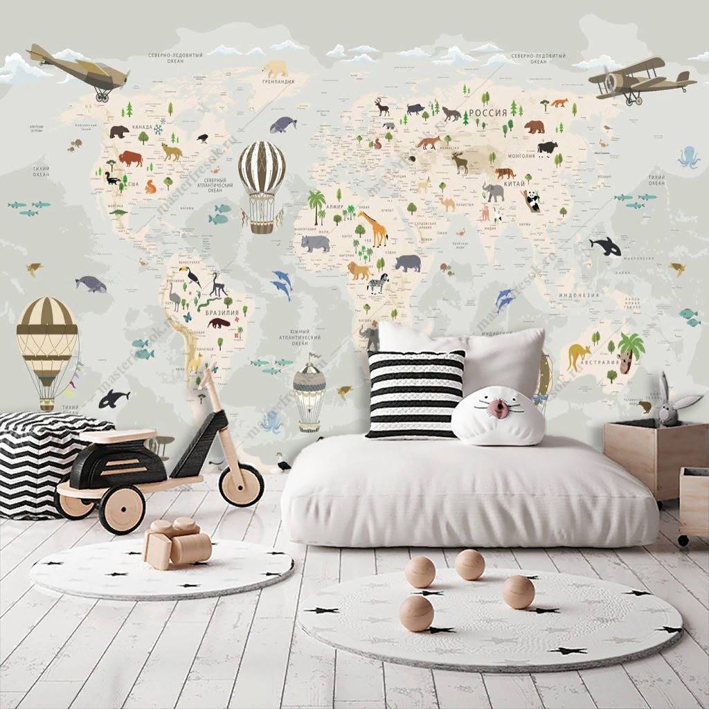 Фотообои Карта мира с морскими жителями  12-1187