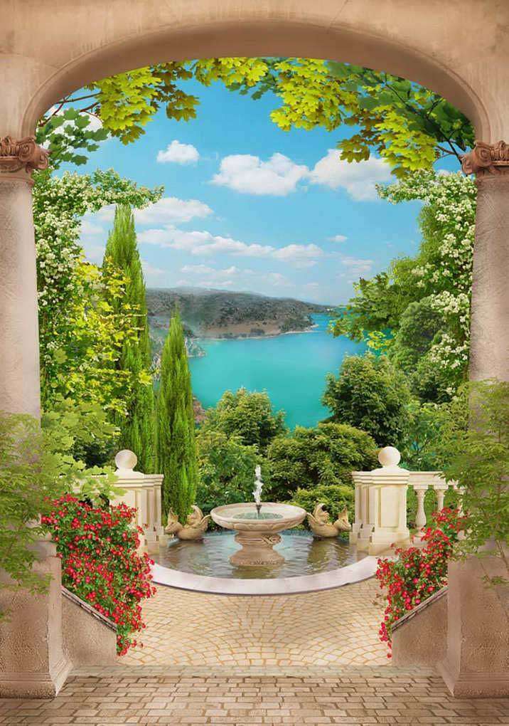 Фотообои в интерьере арка во дворик с фонтаном  17-0068 фото