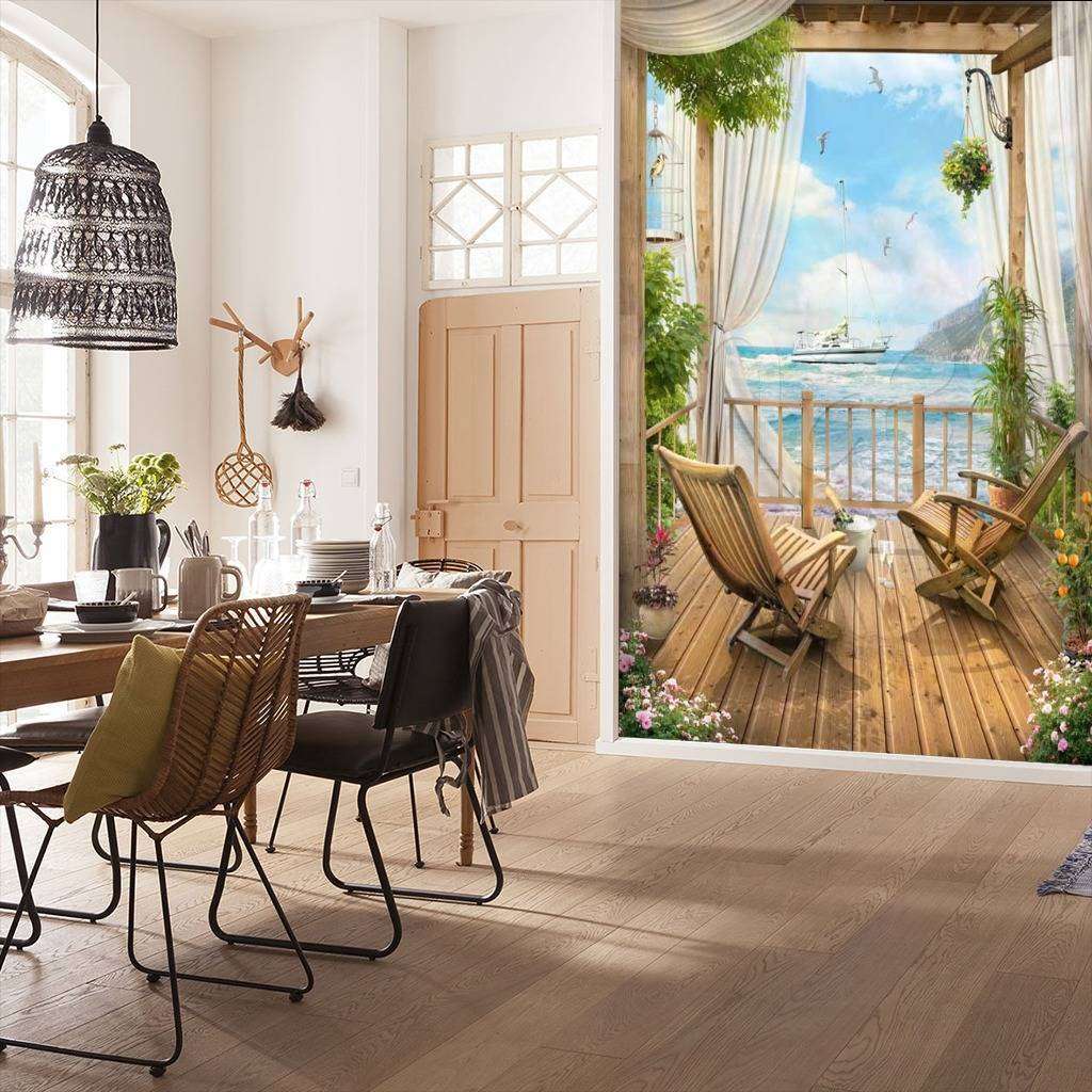 Фотообои в интерьере вид на красивое море из беседки  11-108 фото