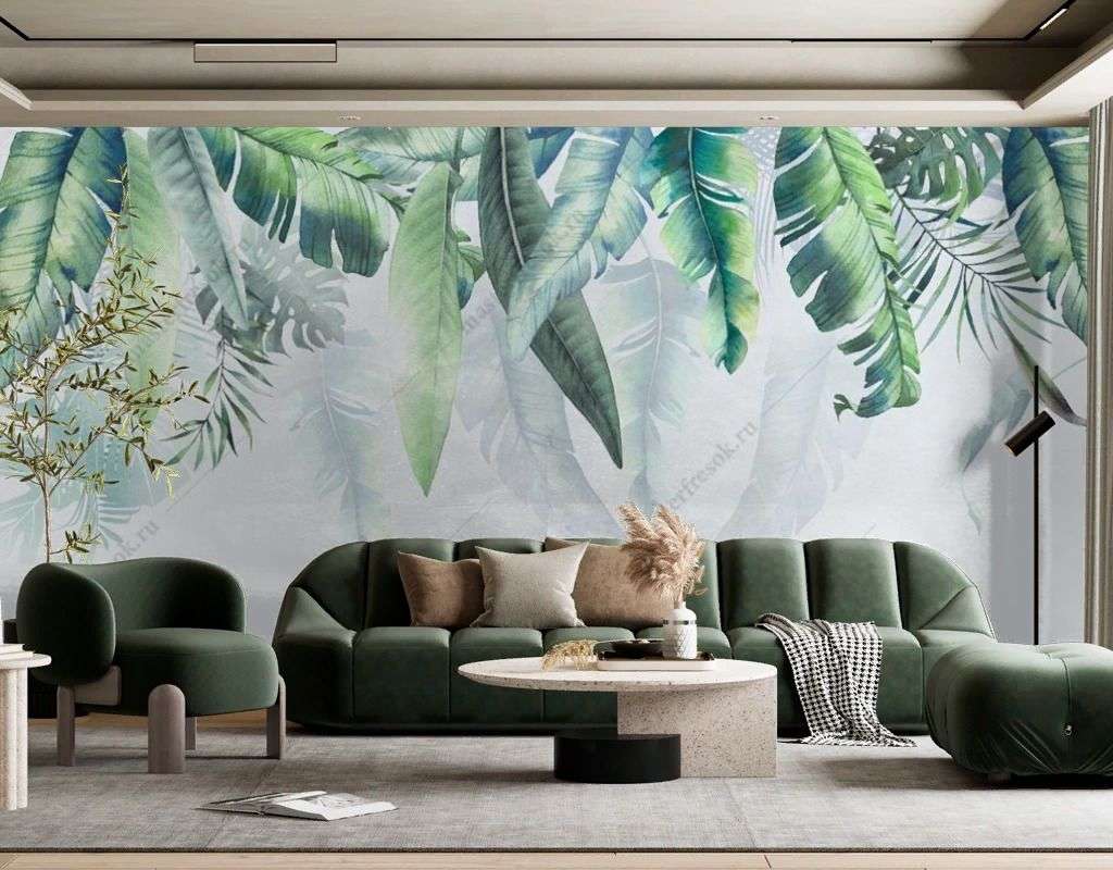 Фотообои в интерьере тропические листья сверху  13-504 фото