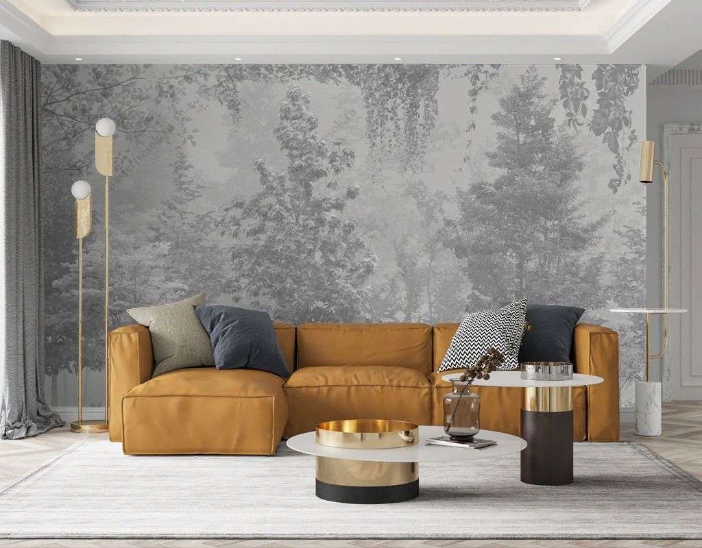 Фотообои в интерьере серый лиственный лес с оленями  9-1828 фото