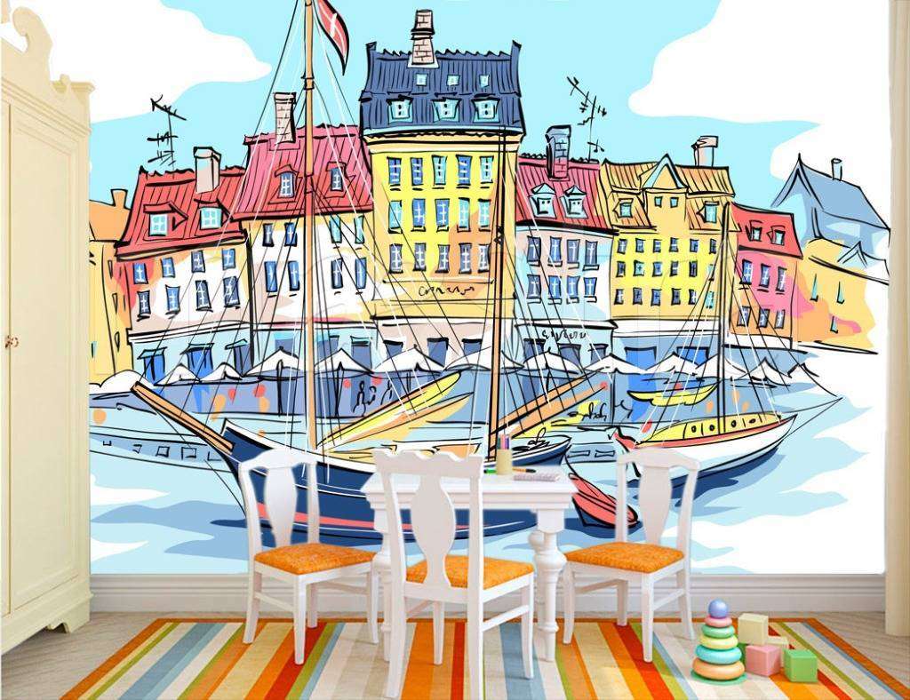 Фотообои в интерьере набережная с домиками графика  12-499 фото