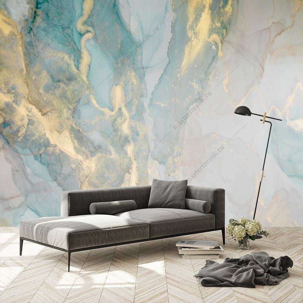 Фотообои в интерьере флюид арт золотая бирюза  9-1033 фото