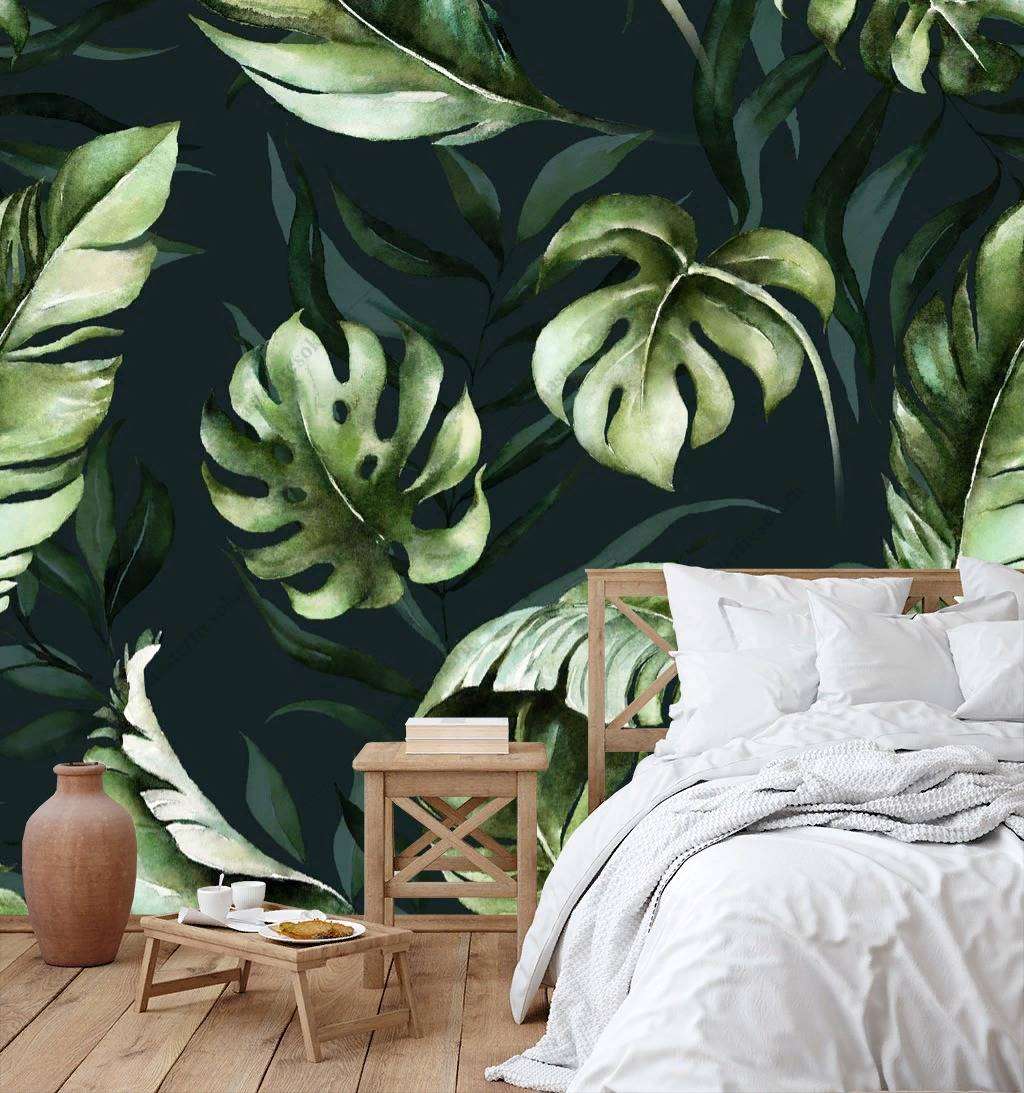 Фотообои в интерьере листья монстеры на черном фоне  9-1211 фото